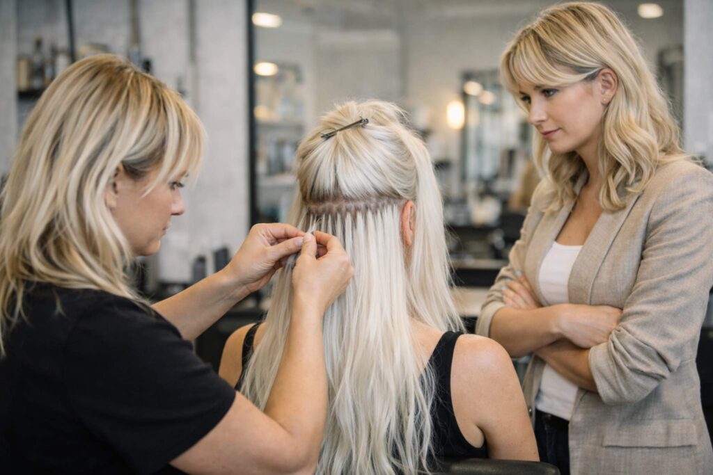 Detail prodlužování vlasů při aplikaci školení prodlužování vlasů