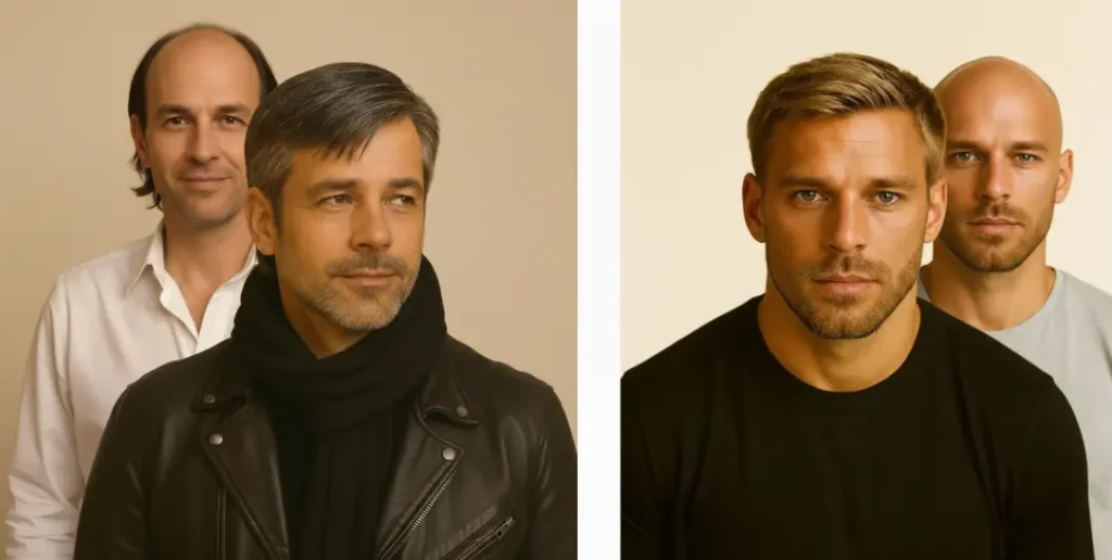 Dva muži s pleší a vlasy po aplikaci vlasového tupé