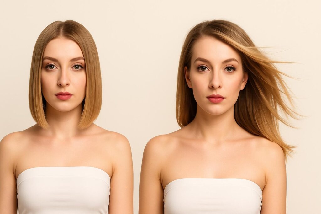 Proměna ženy před a po prodloužení vlasů v Praze